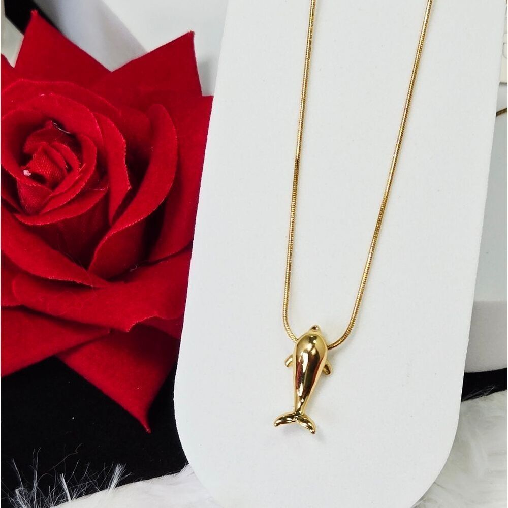 Gold Dolphin Pendant Necklace Stainless Steel Ocean Animal Coastal Charm Gift